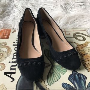 Tory Burch Black Suede Round-Toe Heels with Button Trim